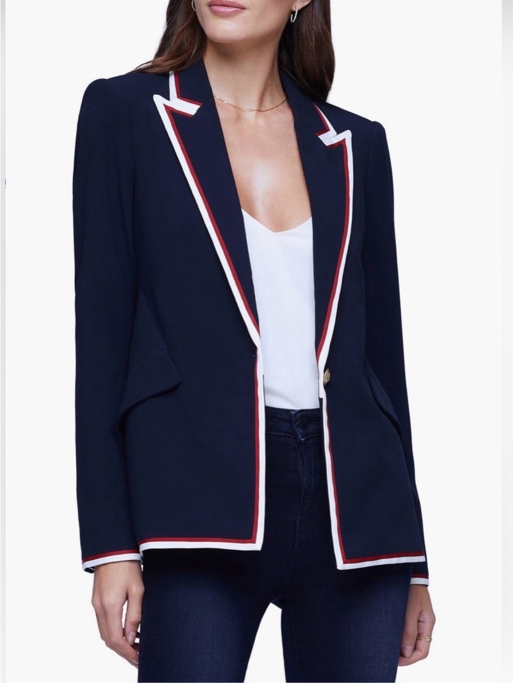 L’AGENCE Chamberlain Blazer Navy Blue Red White Trim Gold Buttons Sz 4 - Picture 16 of 16